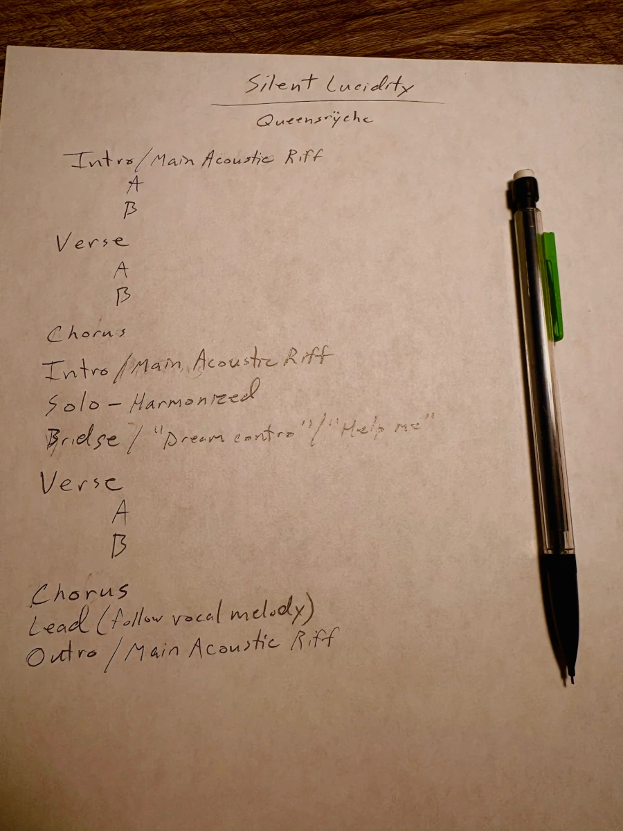 Example of a guitar practice outline breaking Silent Lucidity into sections for focused study